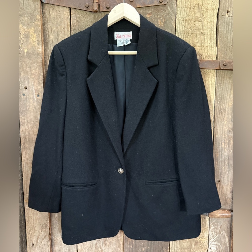 Block Island Petites Marina Pappas Black 100% Wool Blazer Jacket 14 Vintage